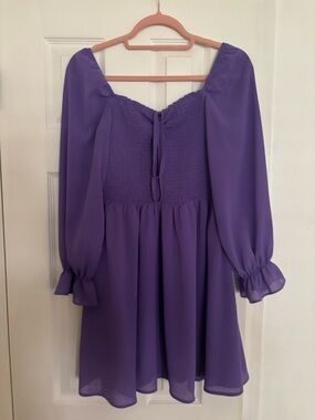 Purple Smocked Bodice Long Sleeve Mini Dress